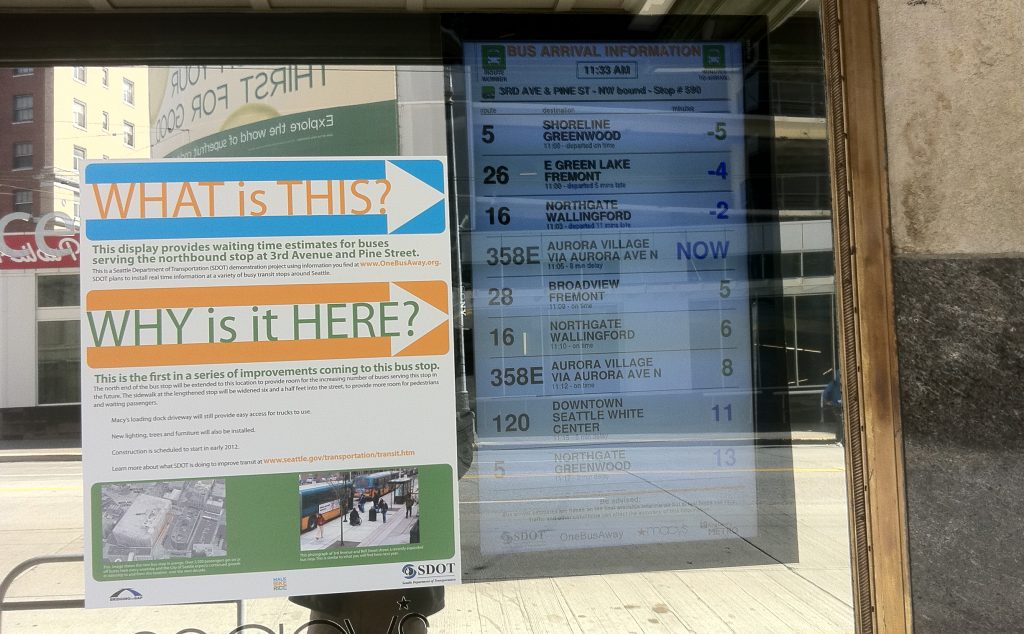Real-time bus arrival information in a Seattle bus stop. Flickr photo by SDOT. 